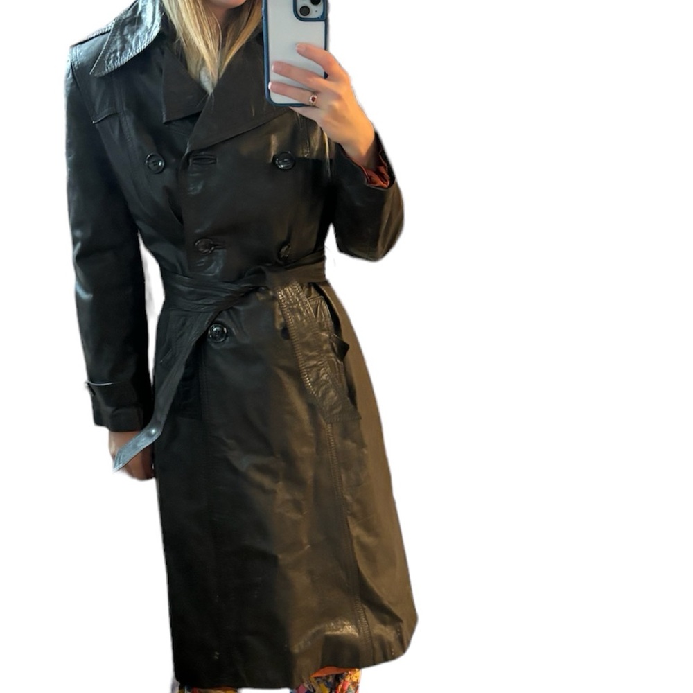 ‼️THRIFT STORE MAKE OFFER VTG Leather Trench Coat Jacket 70s Belt Long Brown